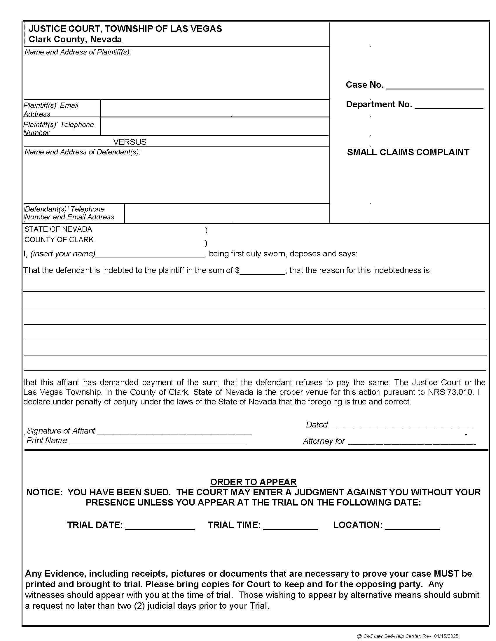 Small Claims Complaint | Pdf Fpdf Docx | Nevada