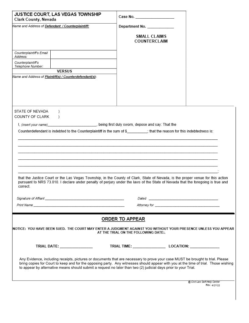 Small Claims Counterclaim | Pdf Fpdf Docx | Nevada