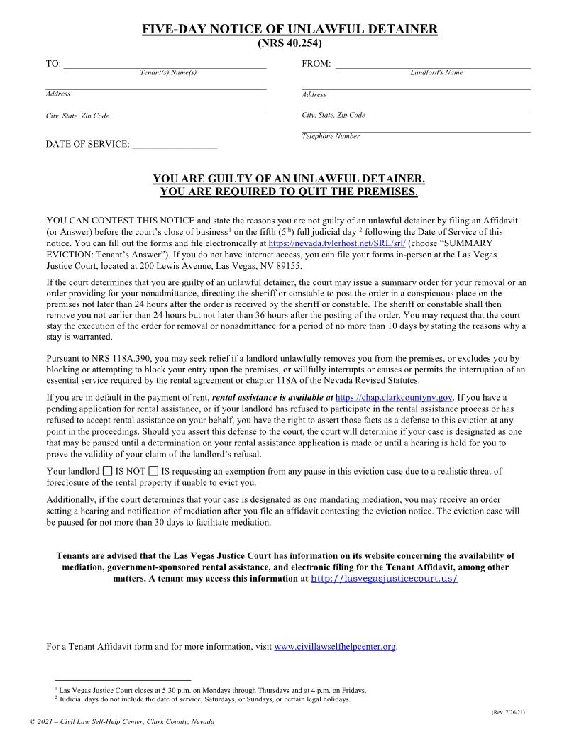 Five Day Notice Of Unlawful Detainer | Pdf Fpdf Doc Docx | Nevada