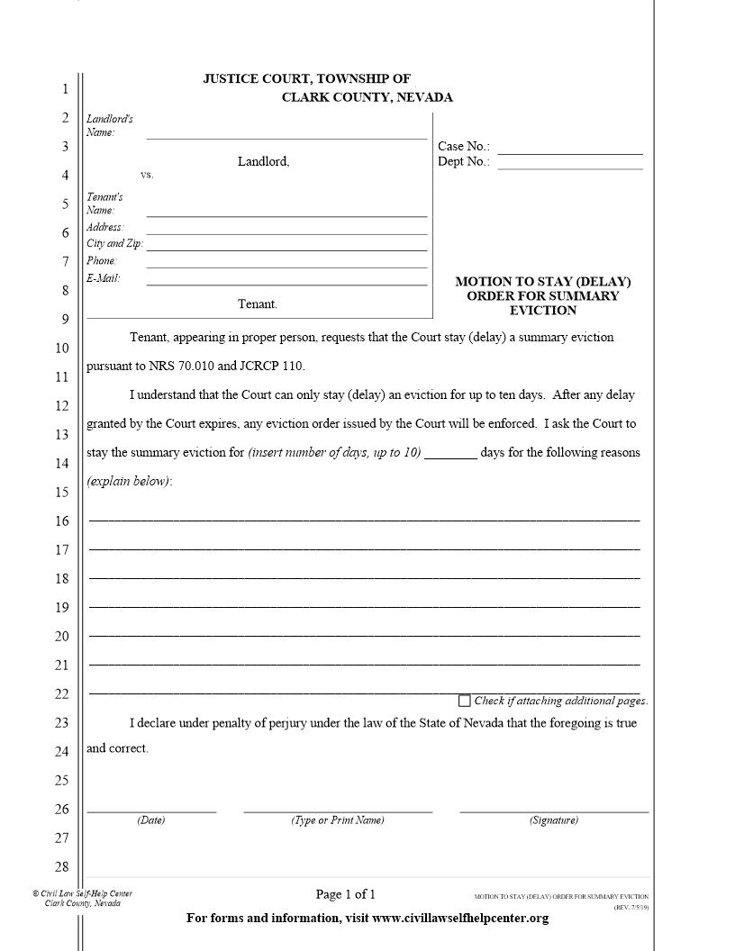 Motion To Stay (Delay) Order For Summary Eviction | Pdf Fpdf Doc Docx | Nevada