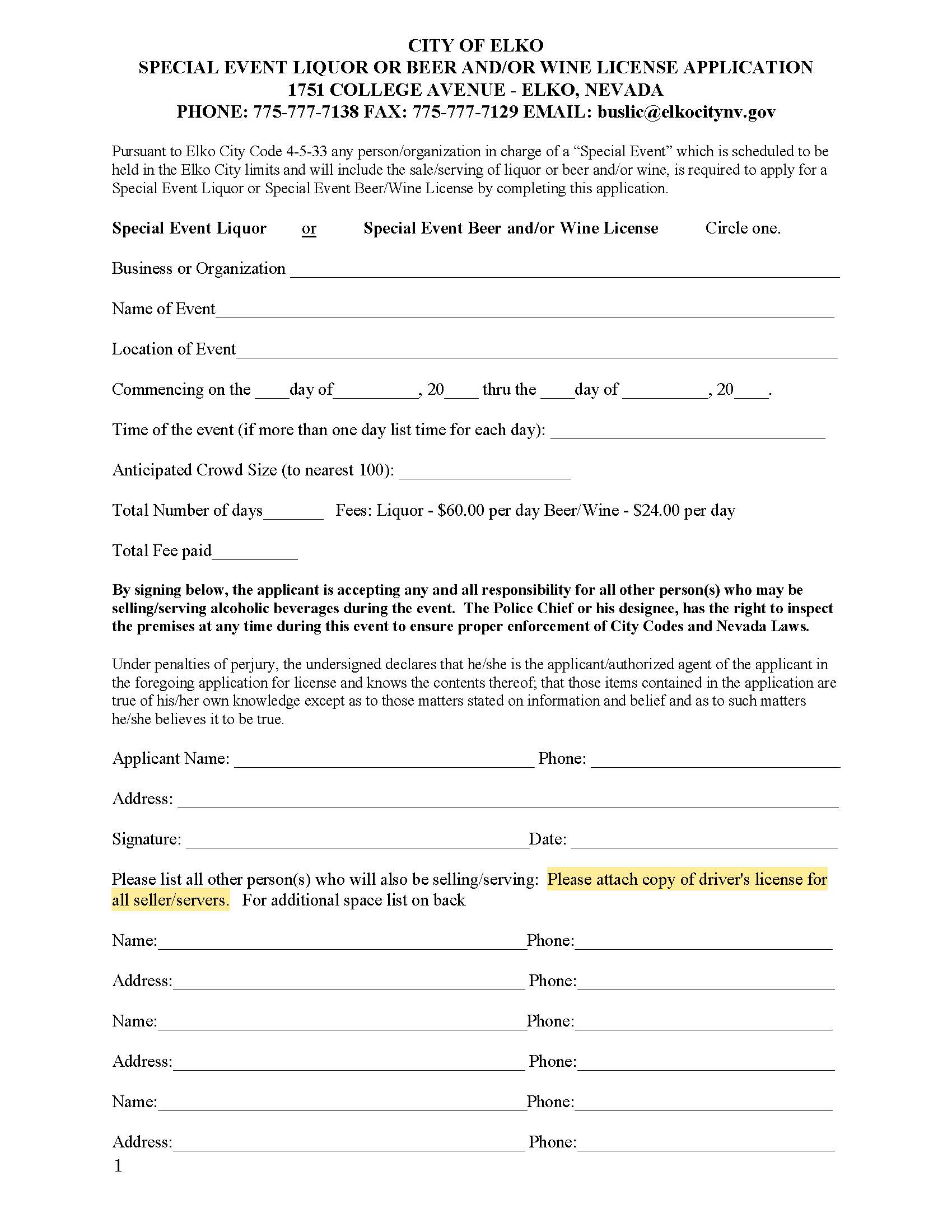Special Event Liquor License Application | Pdf Fpdf Docx | Nevada