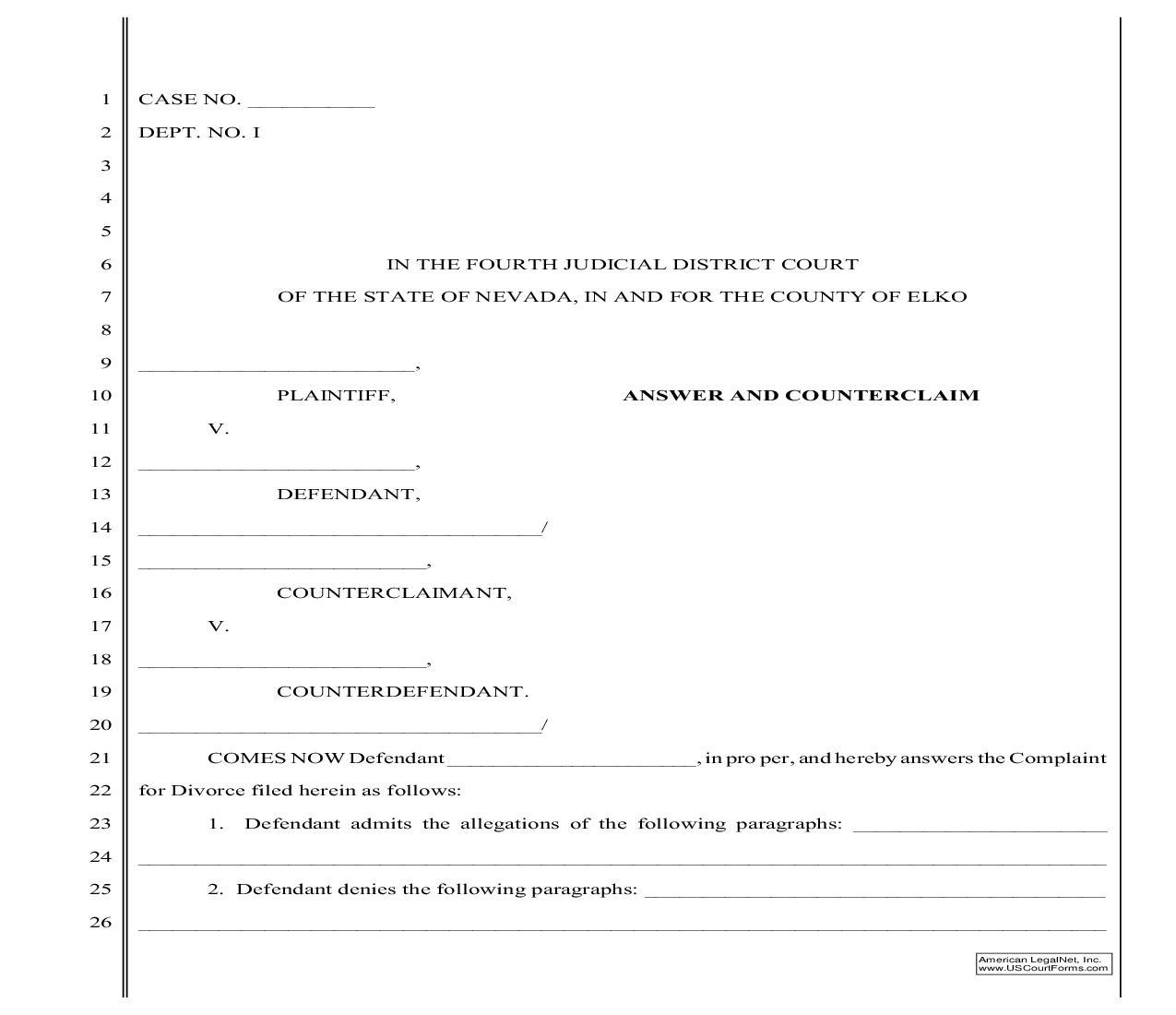 Answer And Counterclaim w- Instructions | Pdf Fpdf Doc Docx | Nevada
