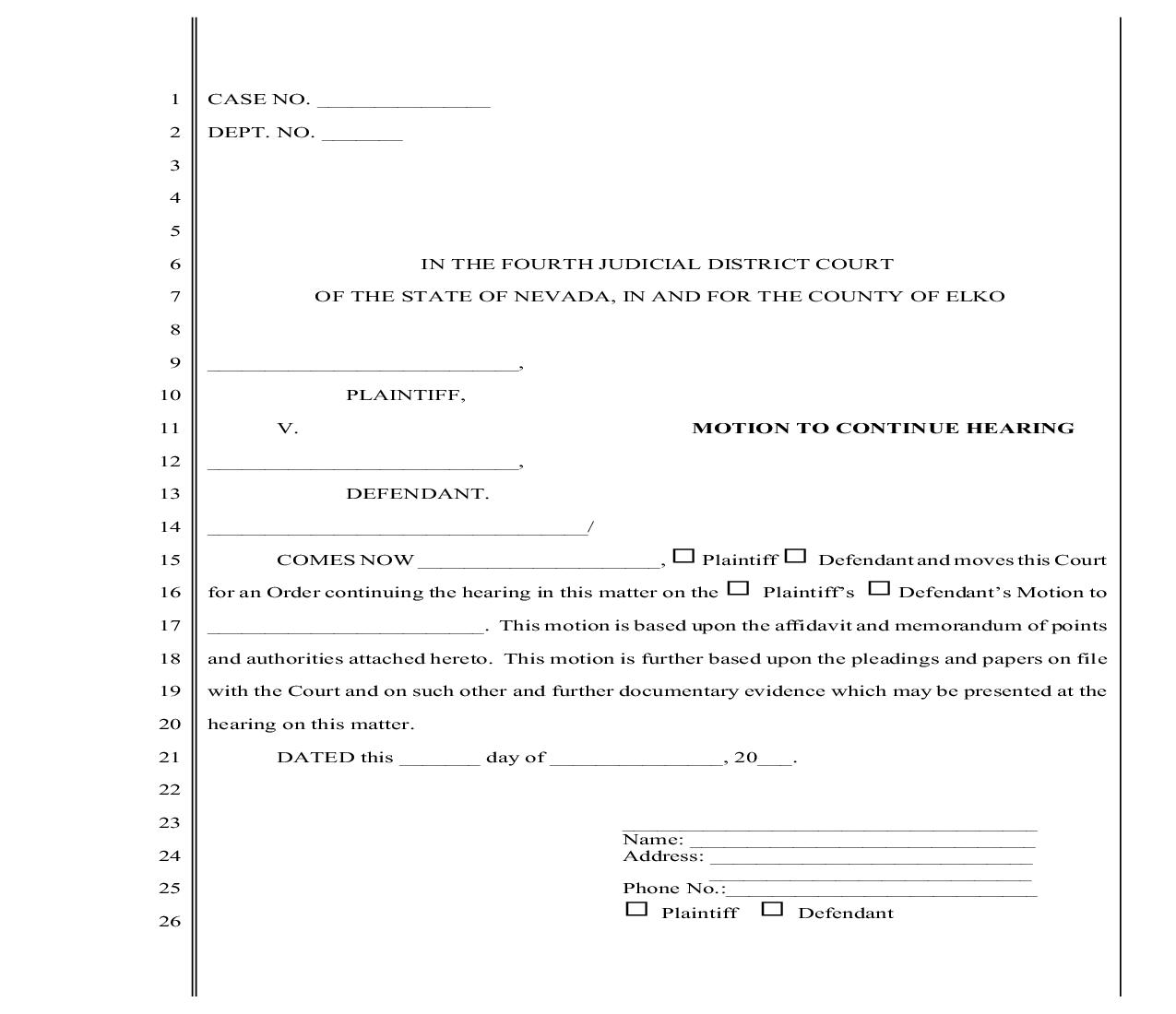 Motion To Continue Hearing w- Instructions | Pdf Fpdf Doc Docx | Nevada