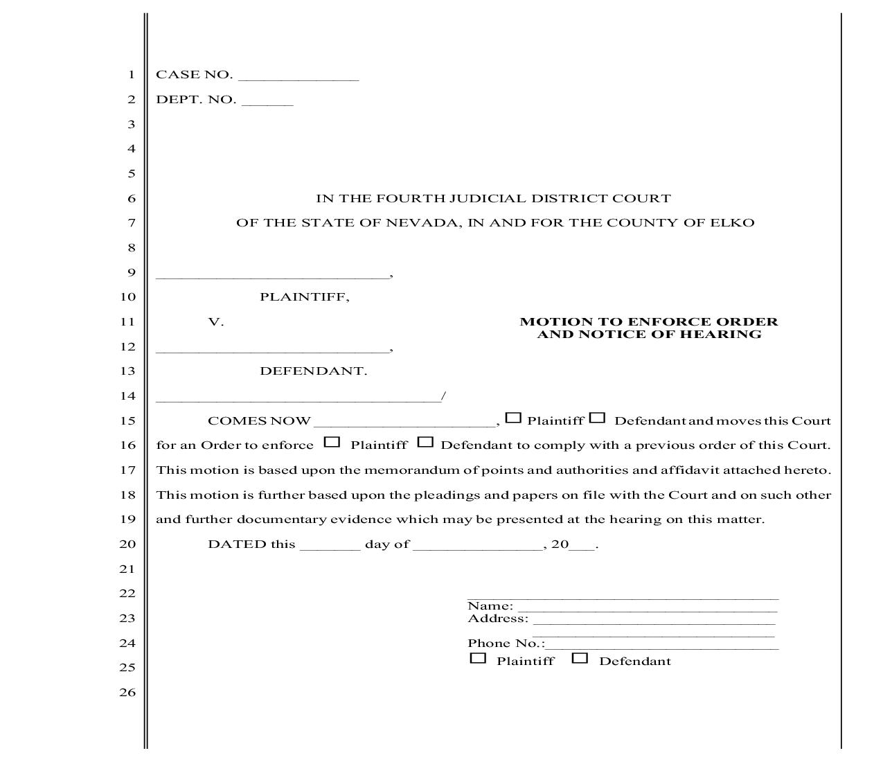 Motion To Enforce Order And Notice Of Hearing w- Instructions | Pdf Fpdf Doc Docx | Nevada