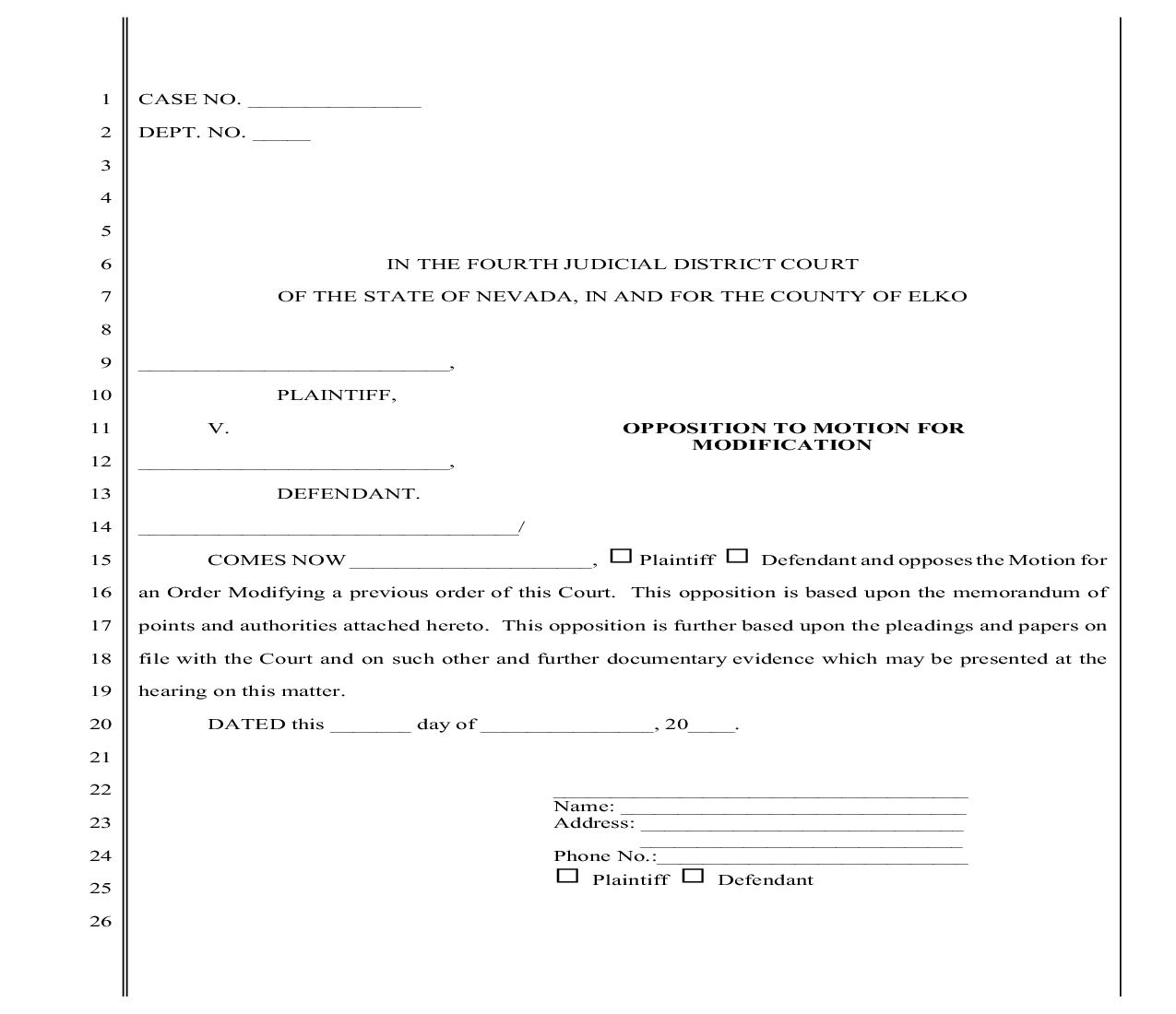 Opposition To Motion For Modification w-Instructions | Pdf Fpdf Doc Docx | Nevada