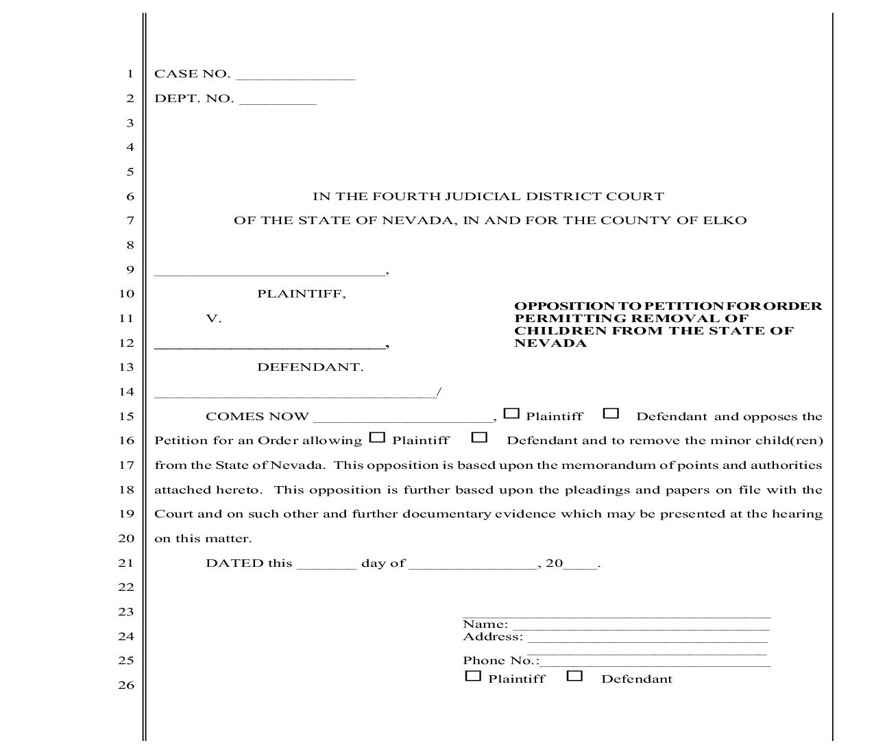 Opposition To Petition For Order Permitting Removal Of Children From The State Of Nevada w- Instructions | Pdf Fpdf Doc Docx | Nevada