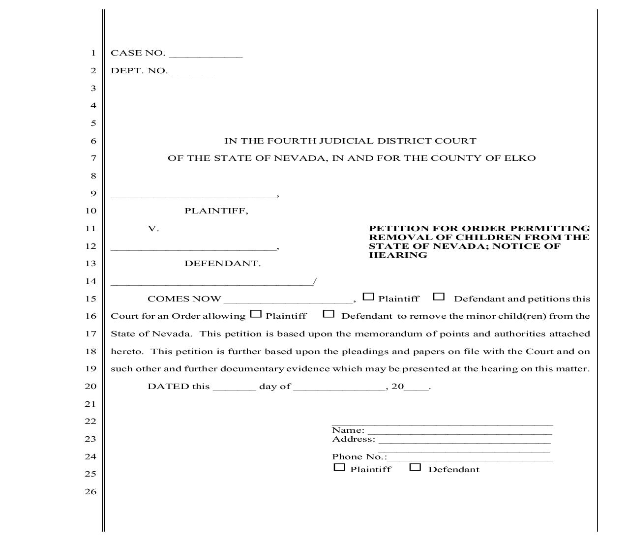 Petition For Order Permitting Removal Of Children From The State Of Nevada w- Instructions | Pdf Fpdf Doc Docx | Nevada