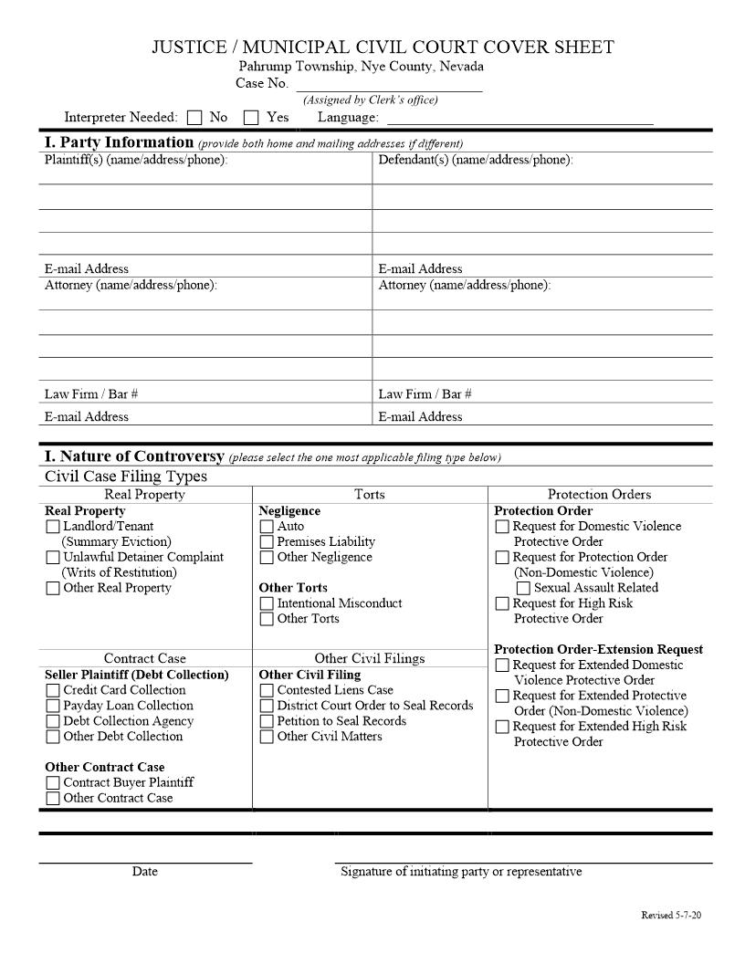 Civil Court Cover Sheet | Pdf Fpdf Docx | Nevada
