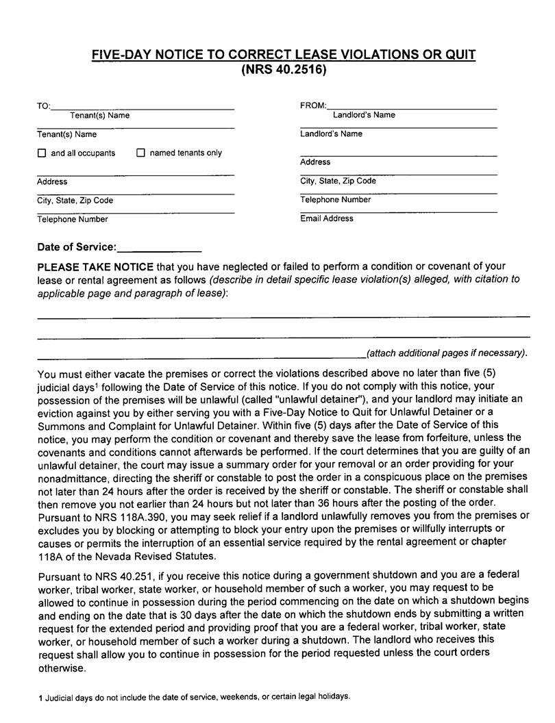 Five Day Notice To Correct Lease Violations Or Quit | Pdf Fpdf Docx | Nevada