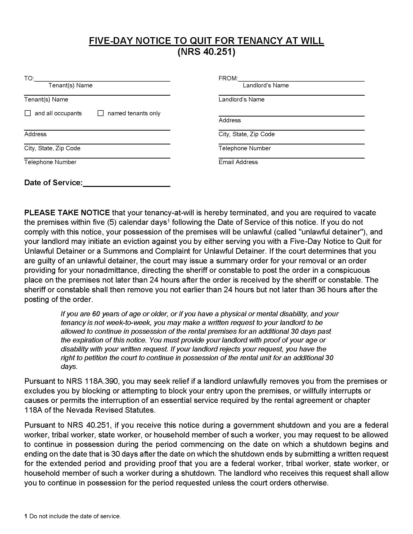 Five Day Notice To Quit For Tennancy At Will | Pdf Fpdf Docx | Nevada