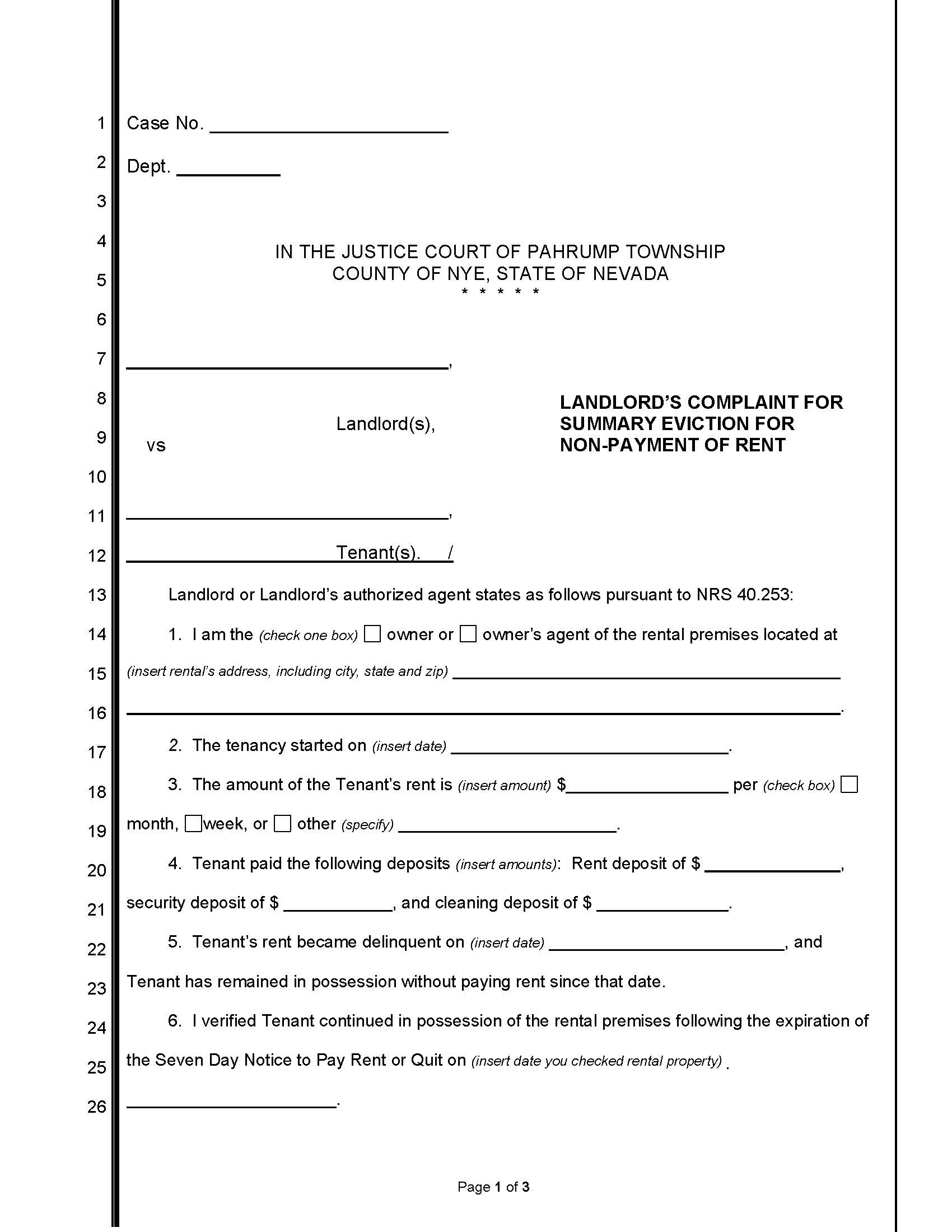 Landlords Complaint For Summary Eviction For Non Payment Of Rent | Pdf Fpdf Docx | Nevada