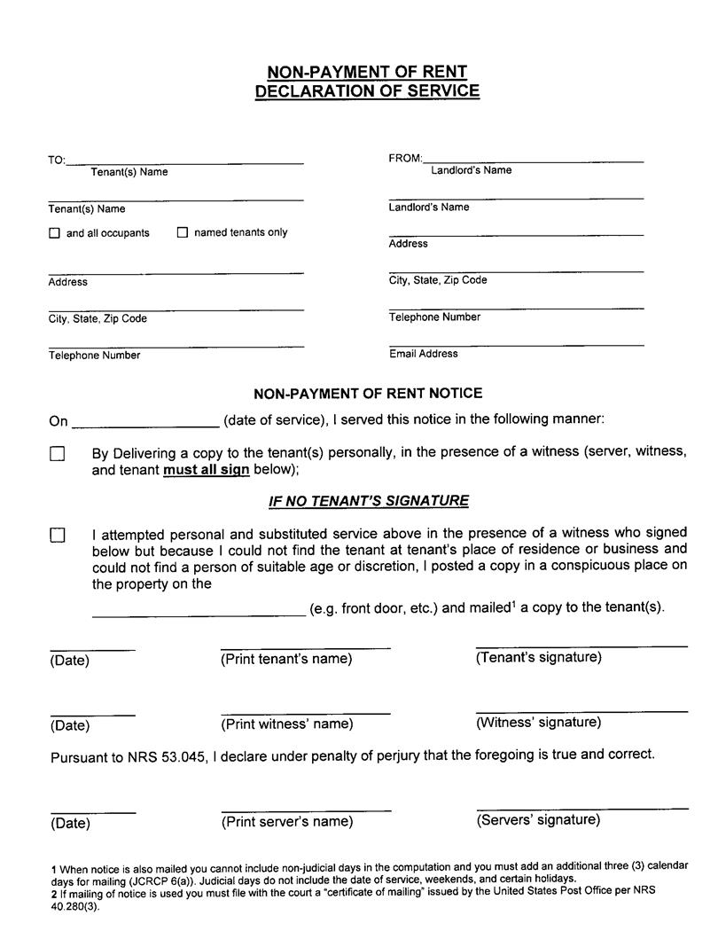 Non Payment Of Rent Declaration Of Service | Pdf Fpdf Docx | Nevada
