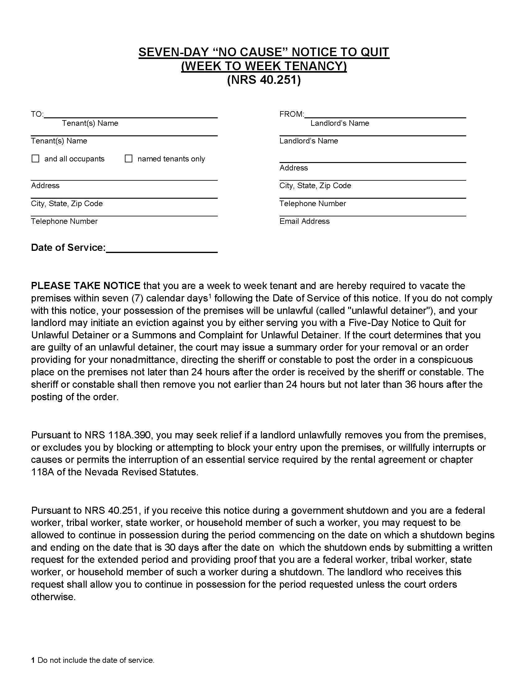 Seven Day No Cause Notice To Quit Week To Week | Pdf Fpdf Docx | Nevada