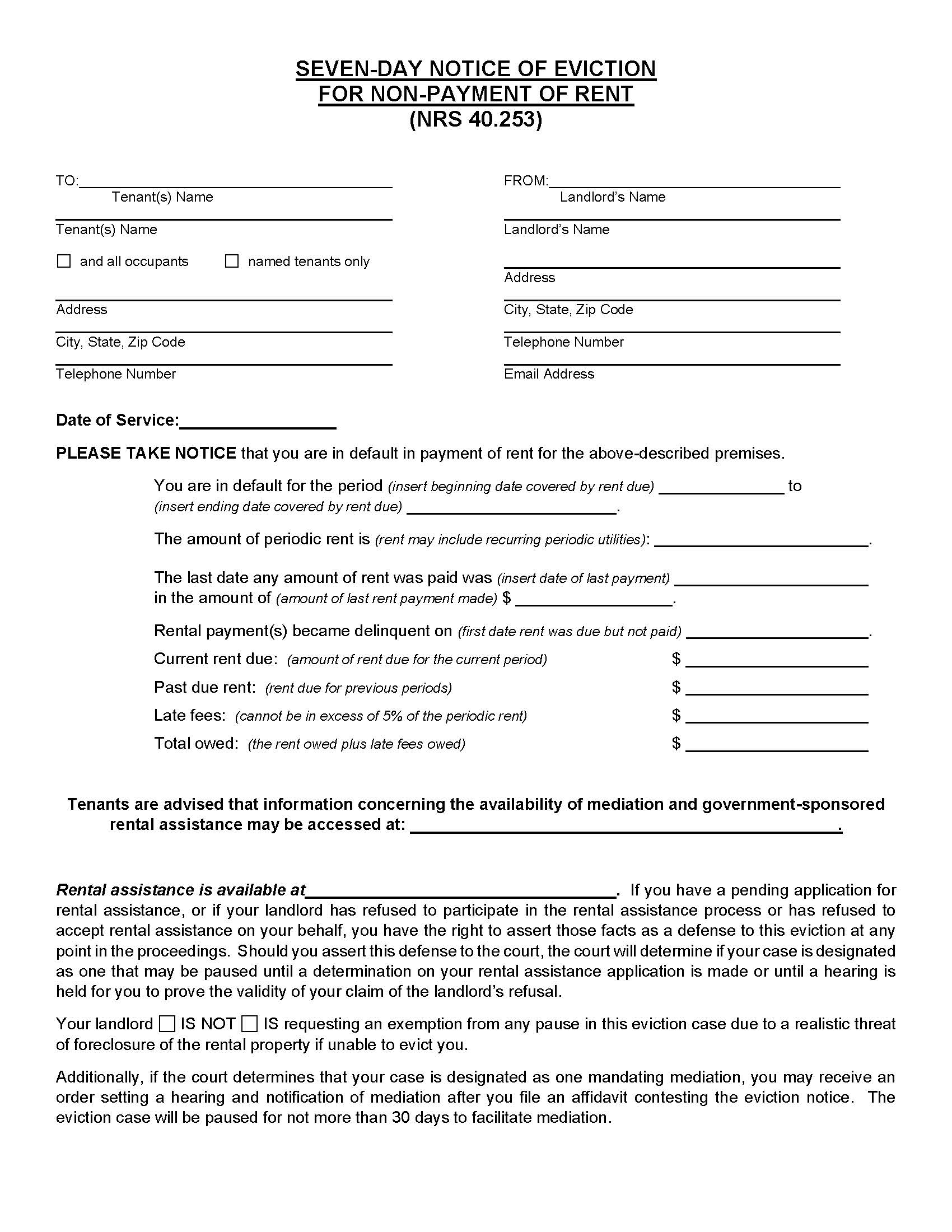 Seven Day Notice Of Eviction For Non Payment Of Rent | Pdf Fpdf Docx | Nevada