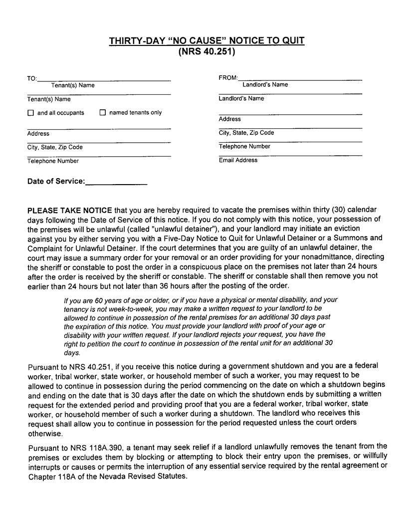 Thirty Day No Cause Notice To Quit | Pdf Fpdf Docx | Nevada