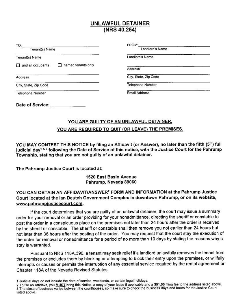 Unlawful Detainer | Pdf Fpdf Docx | Nevada