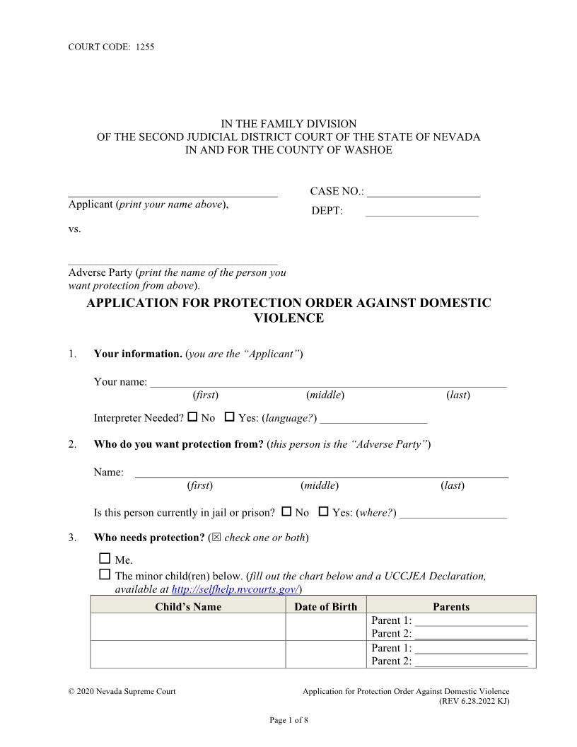 Application For Protection Order | Pdf Fpdf Docx | Nevada