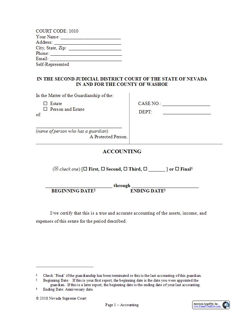 Account Of Guardian (For Adult Ward) {1010} | Pdf Fpdf Docx | Nevada