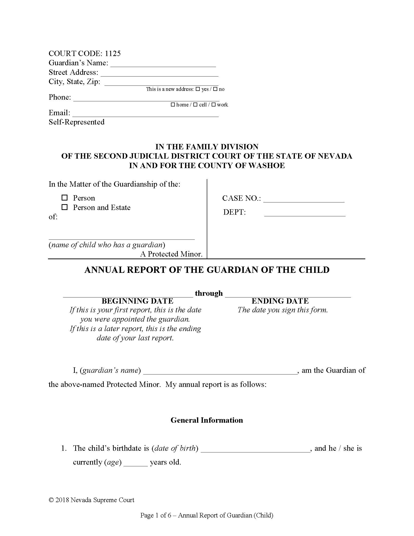 Annual Report Of The Guardian Of The Child {1125} | Pdf Fpdf Docx | Nevada