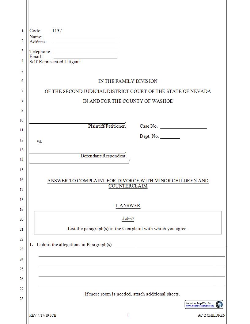 Answer To Complaint For Divorce With Children And Counterclaim (Children) {1137} | Pdf Fpdf Docx | Nevada