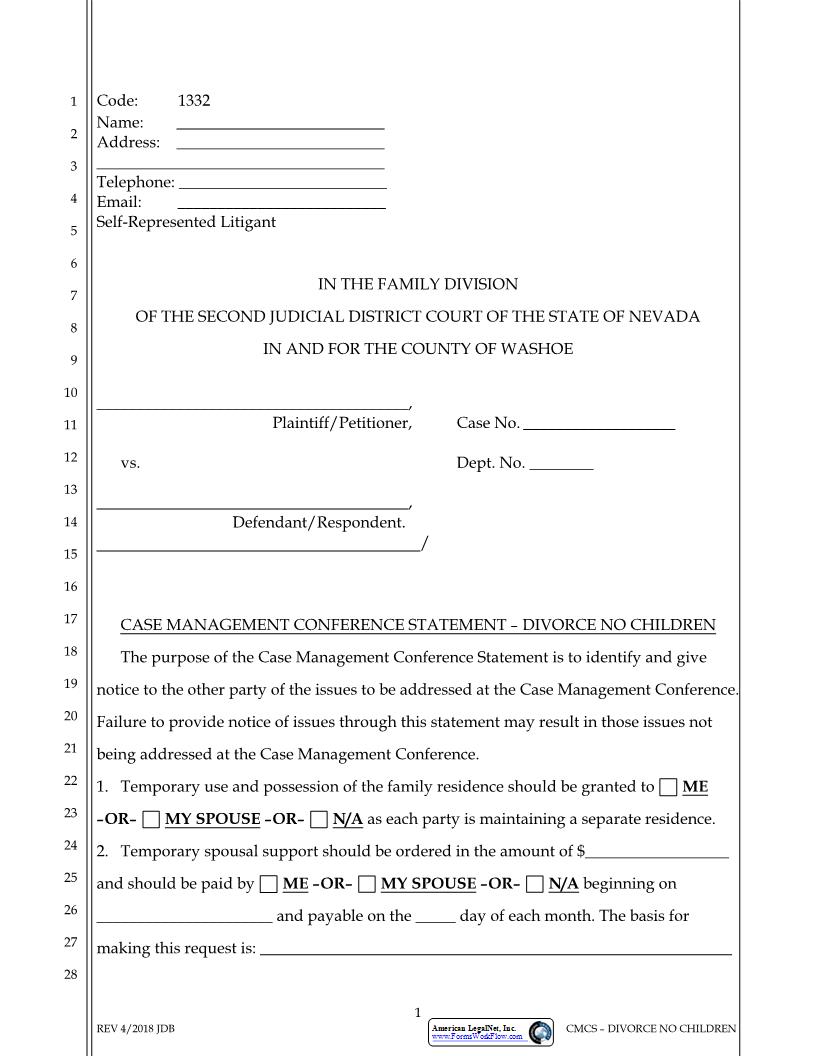 Case Management Conference Statement Divorce No Children {1332} | Pdf Fpdf Docx | Nevada