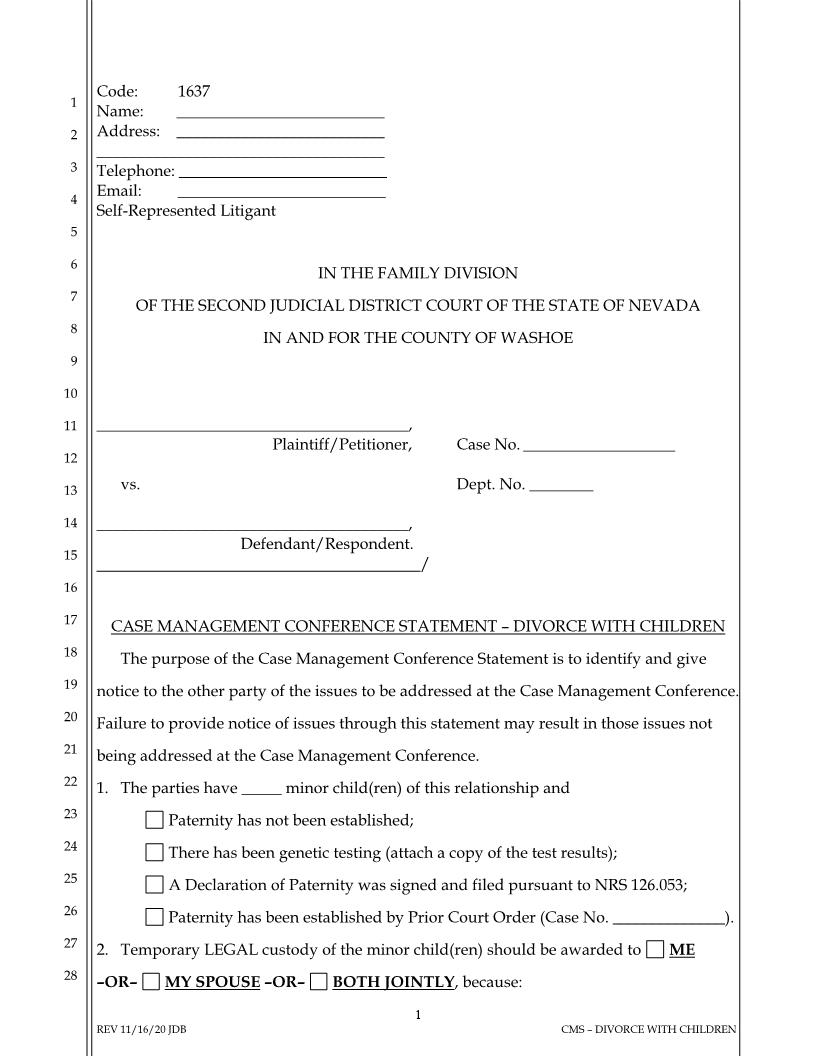 Case Management Conference Statement Divorce With Children {1637} | Pdf Fpdf Docx | Nevada