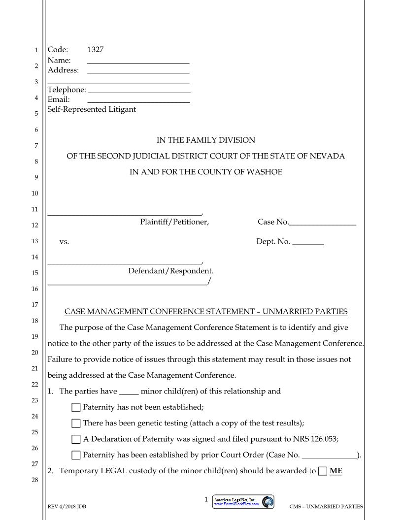 Case Management Conference Statement Unmarried Parties {1327} | Pdf Fpdf Docx | Nevada