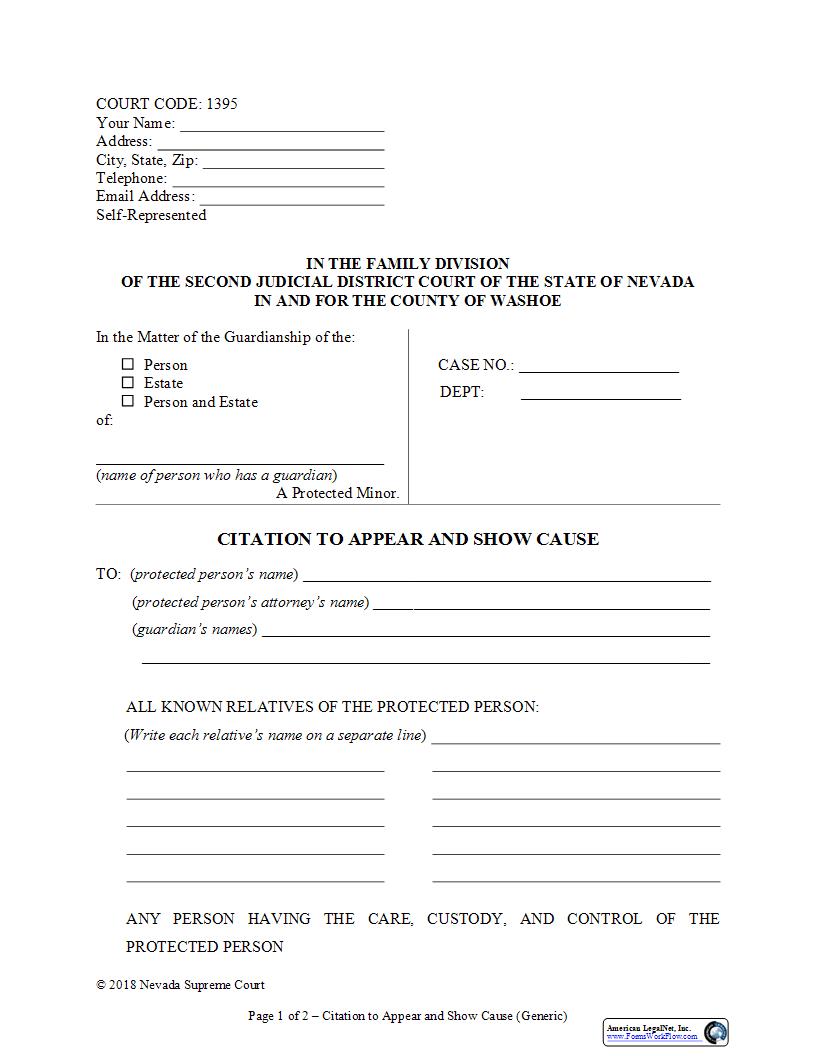 Citation To Appear And Show Cause (Guardianship Of Minor) {1395} | Pdf Fpdf Docx | Nevada