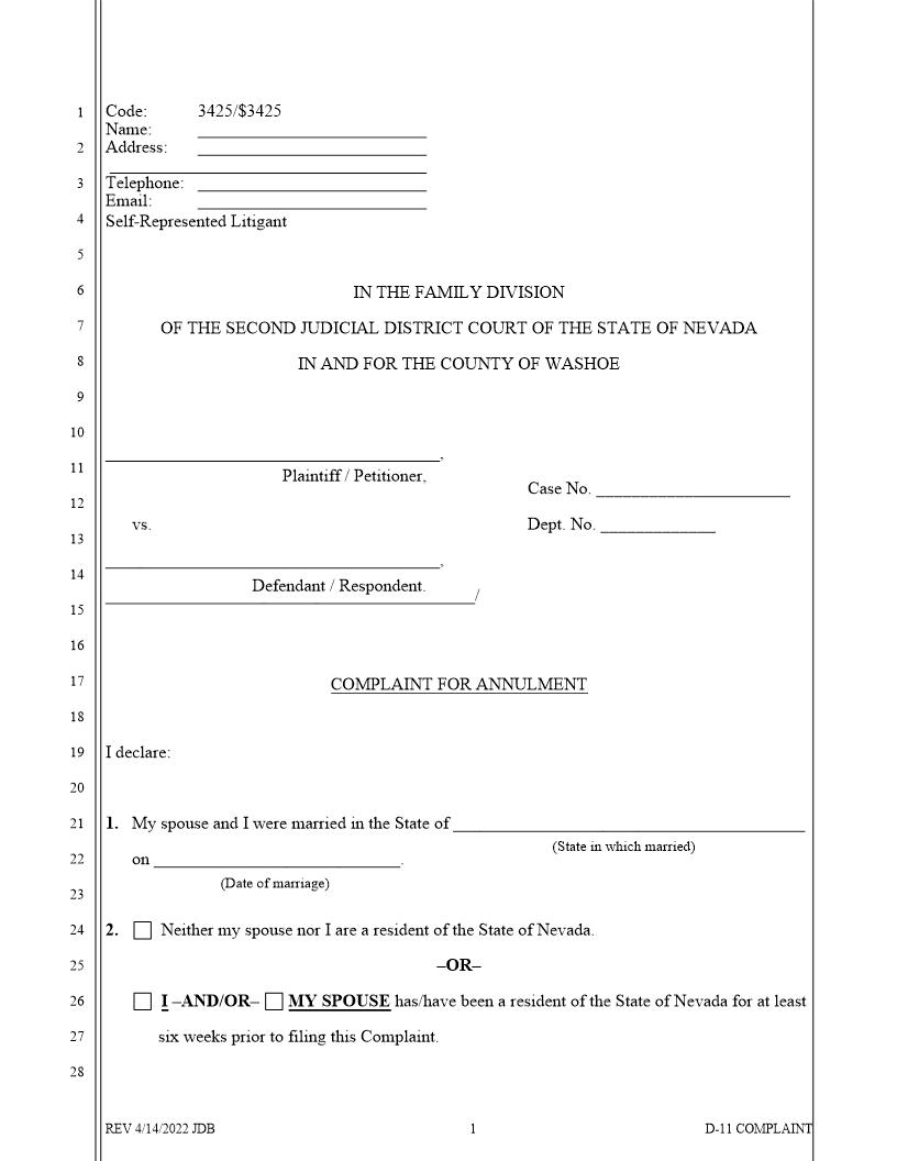 Complaint For Annulment | Pdf Fpdf Docx | Nevada