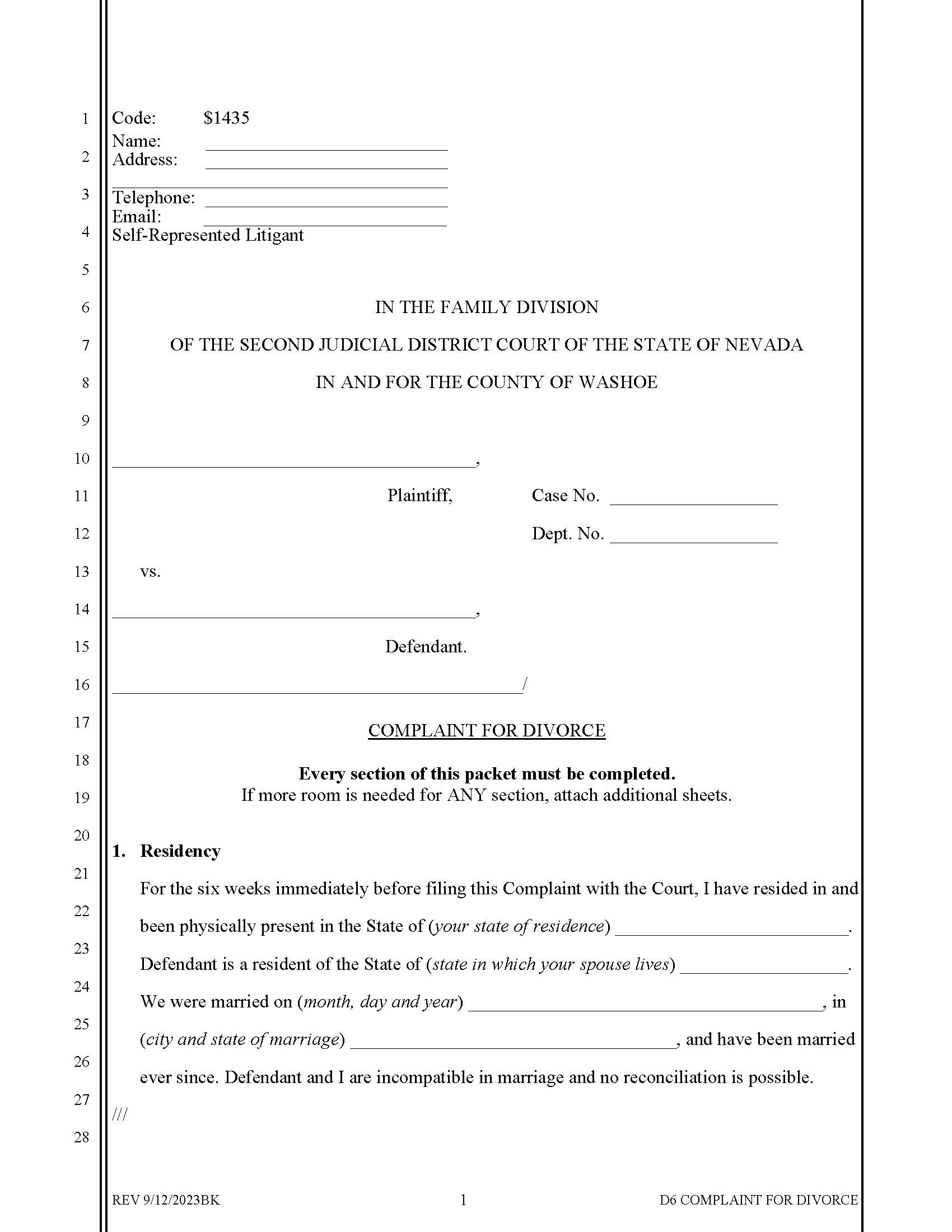 Complaint For Divorce (No Children) {1435} | Pdf Fpdf Docx | Nevada