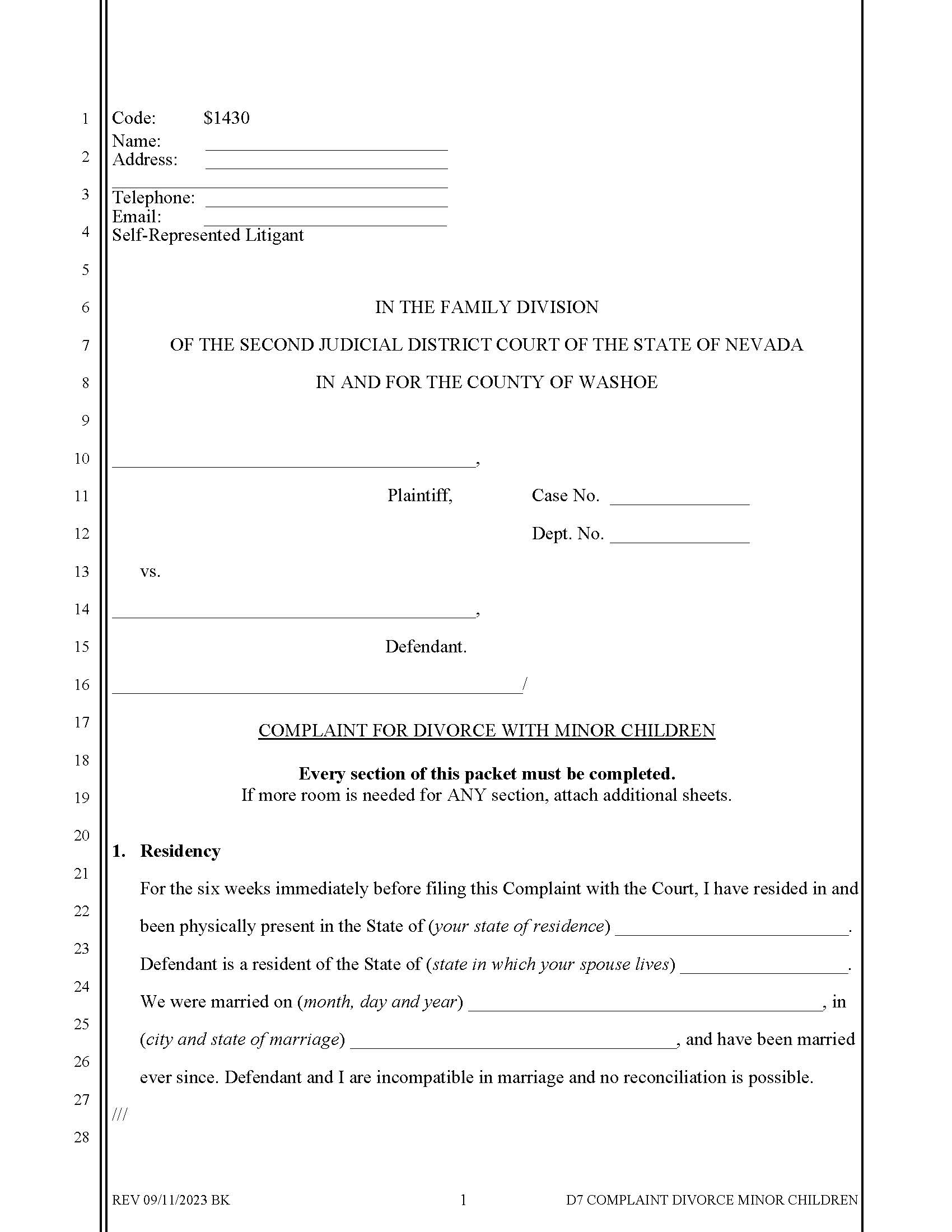 Complaint For Divorce With Children {1430} | Pdf Fpdf Docx | Nevada