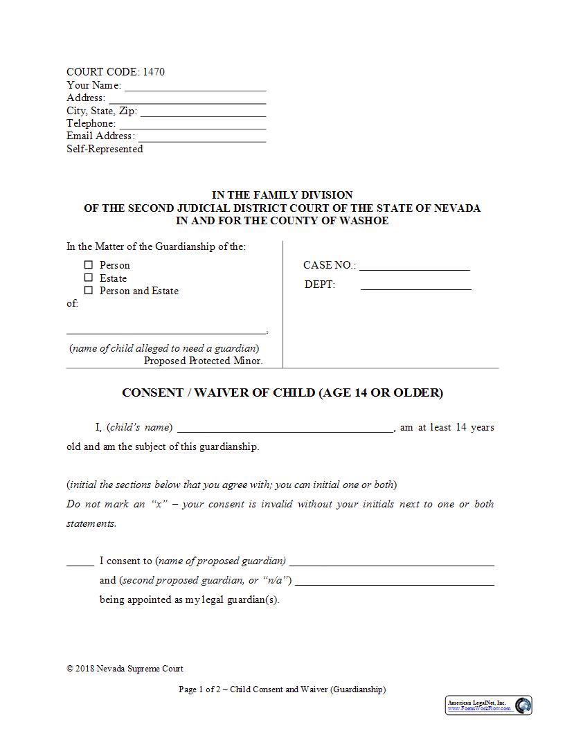 Consent Or Waiver Of Child Age 14 Or Older {1470} | Pdf Fpdf Docx | Nevada