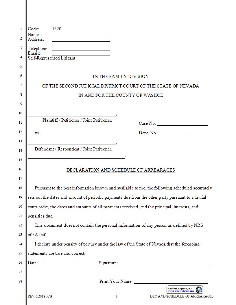 Declaration And Schedule Of Arrearages {1520} | Pdf Fpdf Docx | Nevada