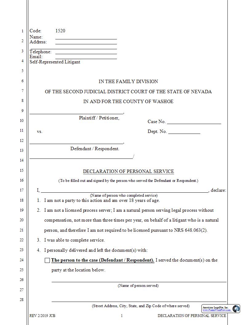 Declaration Of Personal Service {1520} | Pdf Fpdf Docx | Nevada