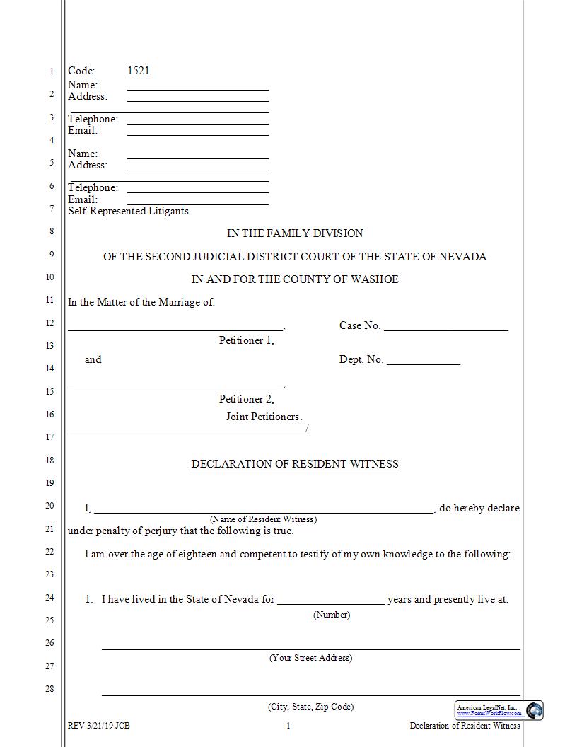 Declaration Of Resident Witness {1521} | Pdf Fpdf Docx | Nevada