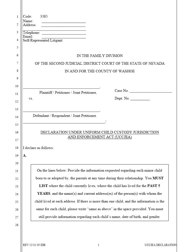 Declaration Under UCCJEA Act {3385} | Pdf Fpdf Docx | Nevada