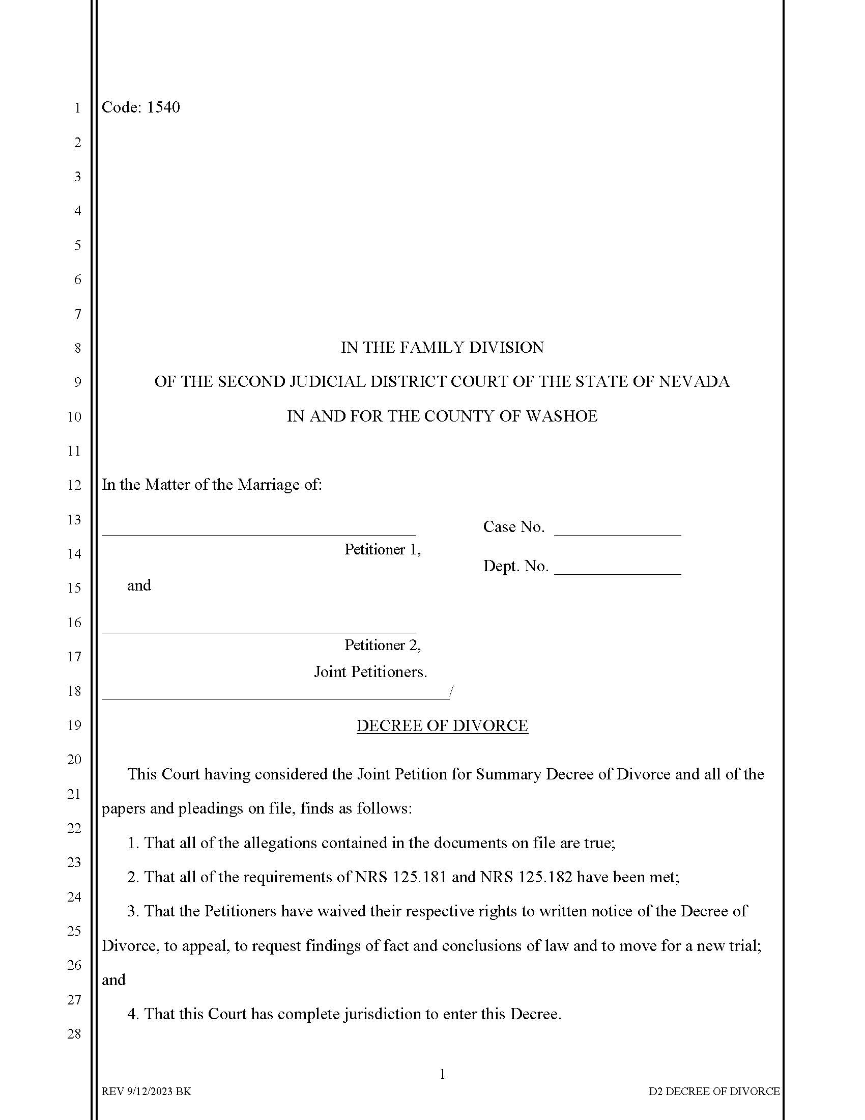 Decree Of Divorce (No Children) {1540} | Pdf Fpdf Docx | Nevada