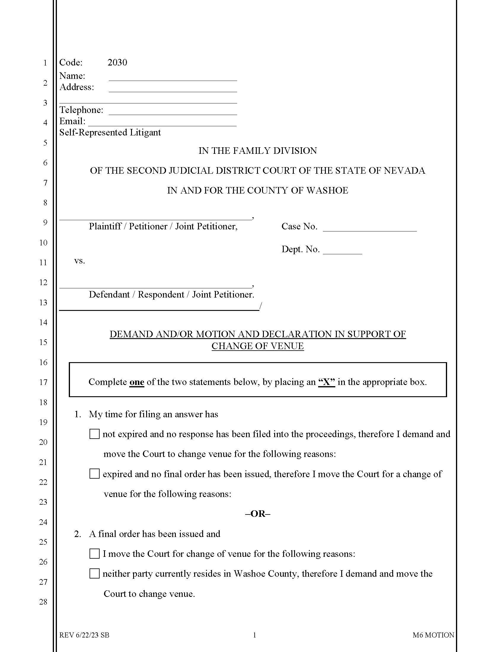 Demand And Or Motion And Declaration In Support Of Change Of Venue | Pdf Fpdf Docx | Nevada