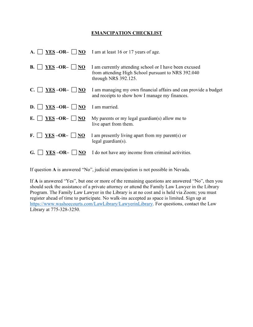 Emancipation Checklist | Pdf Fpdf Docx | Nevada