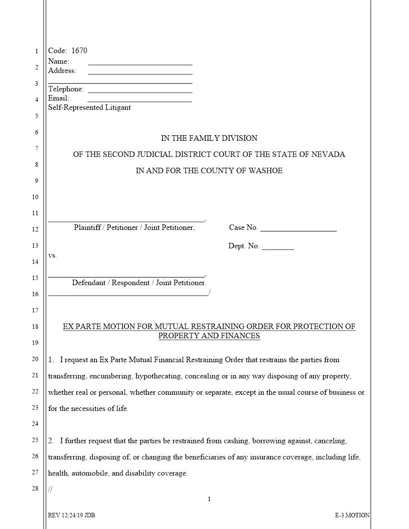 Ex Parte Motion For Mutual Restraining Order {1670} | Pdf Fpdf Docx | Nevada