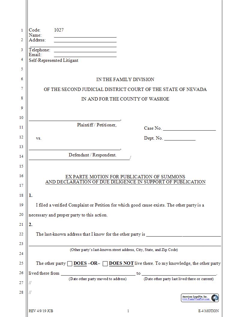 Ex Parte Motion For Publication Of Summons  {1027} | Pdf Fpdf Docx | Nevada