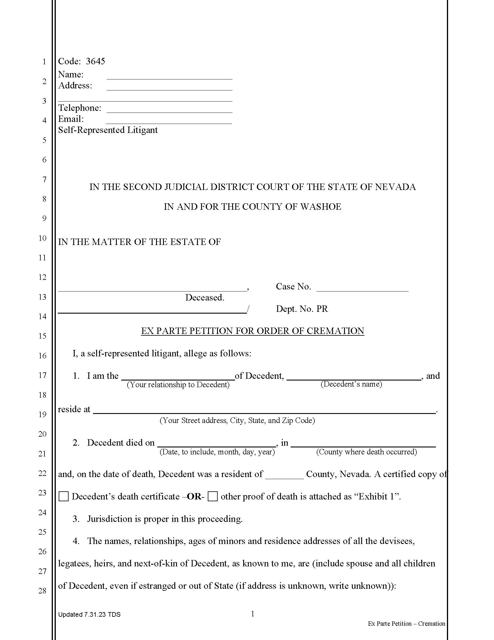 Ex Parte Petition for Order of Cremation {3645} | Pdf Fpdf Doc Docx | Nevada