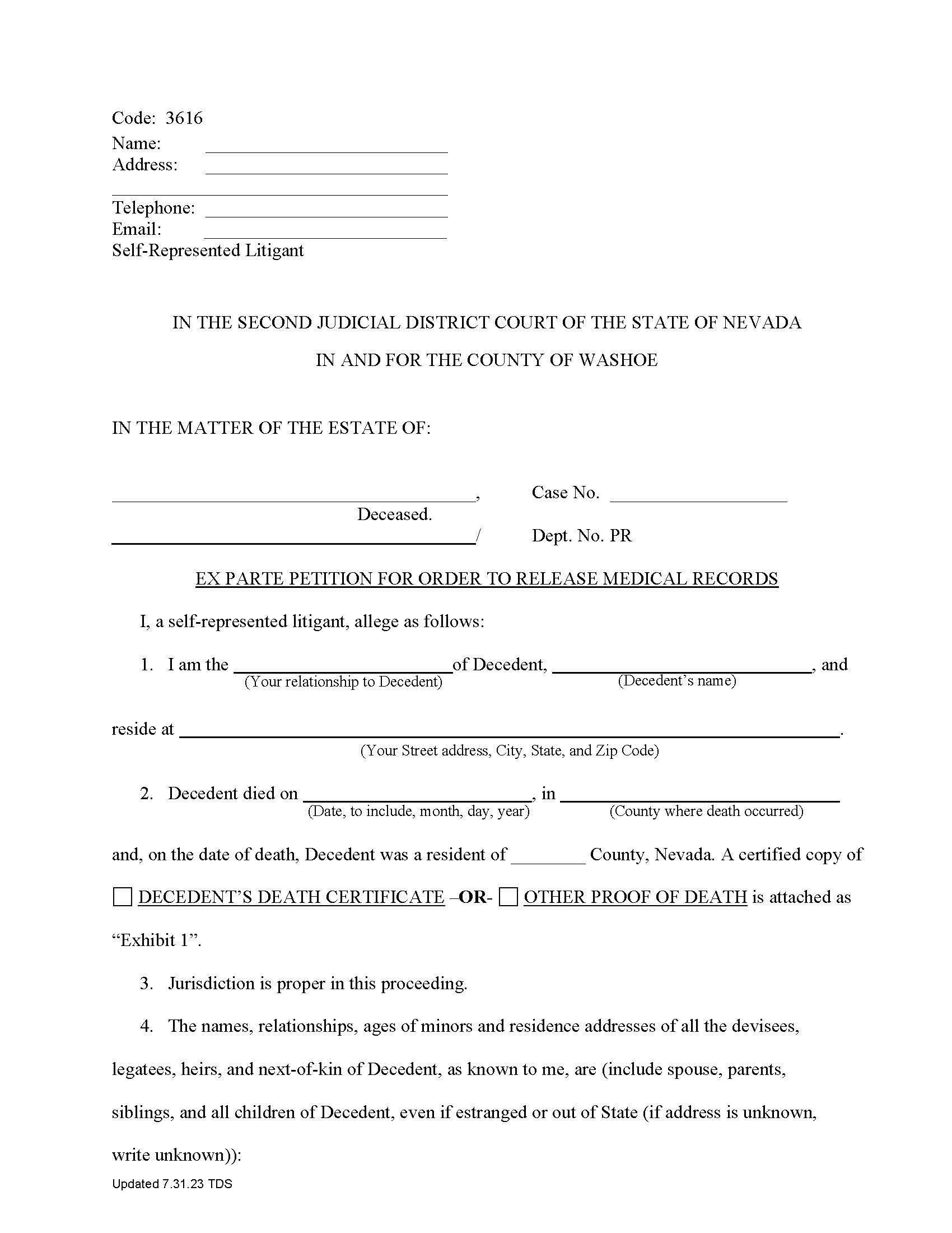 Ex Parte Petition for Order to Release Medical Records {3616} | Pdf Fpdf Doc Docx | Nevada