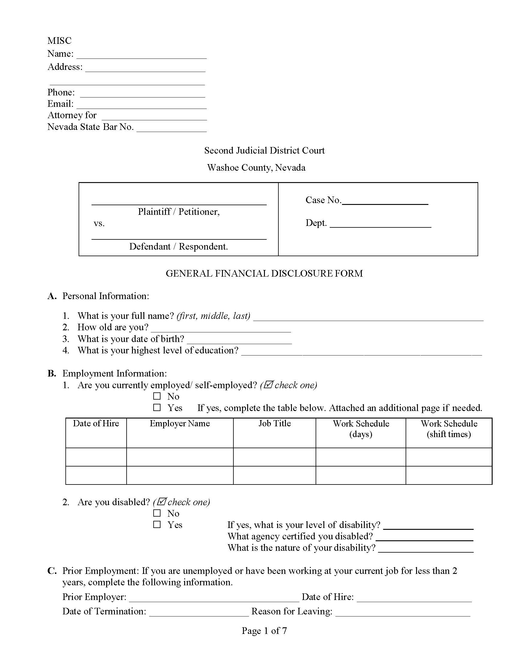 General Financial Disclosure Form  | Pdf Fpdf Docx | Nevada