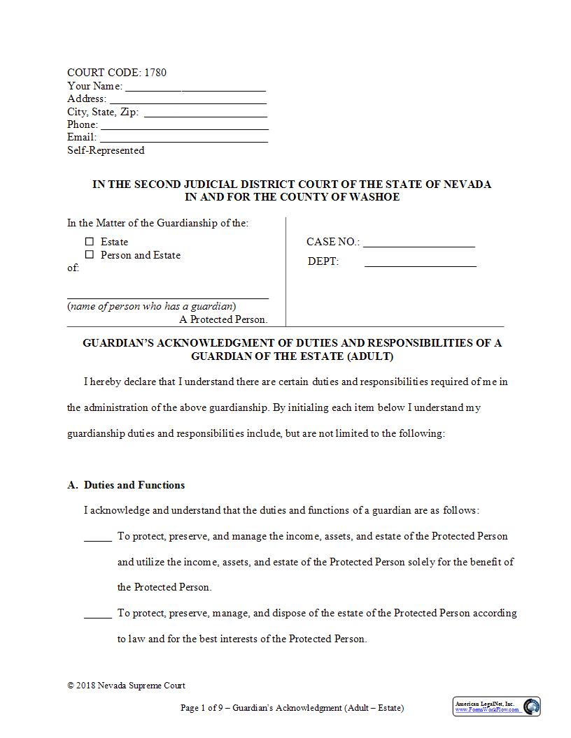 Guardians Acknowledgment (Adult Ward) {1780} | Pdf Fpdf Docx | Nevada