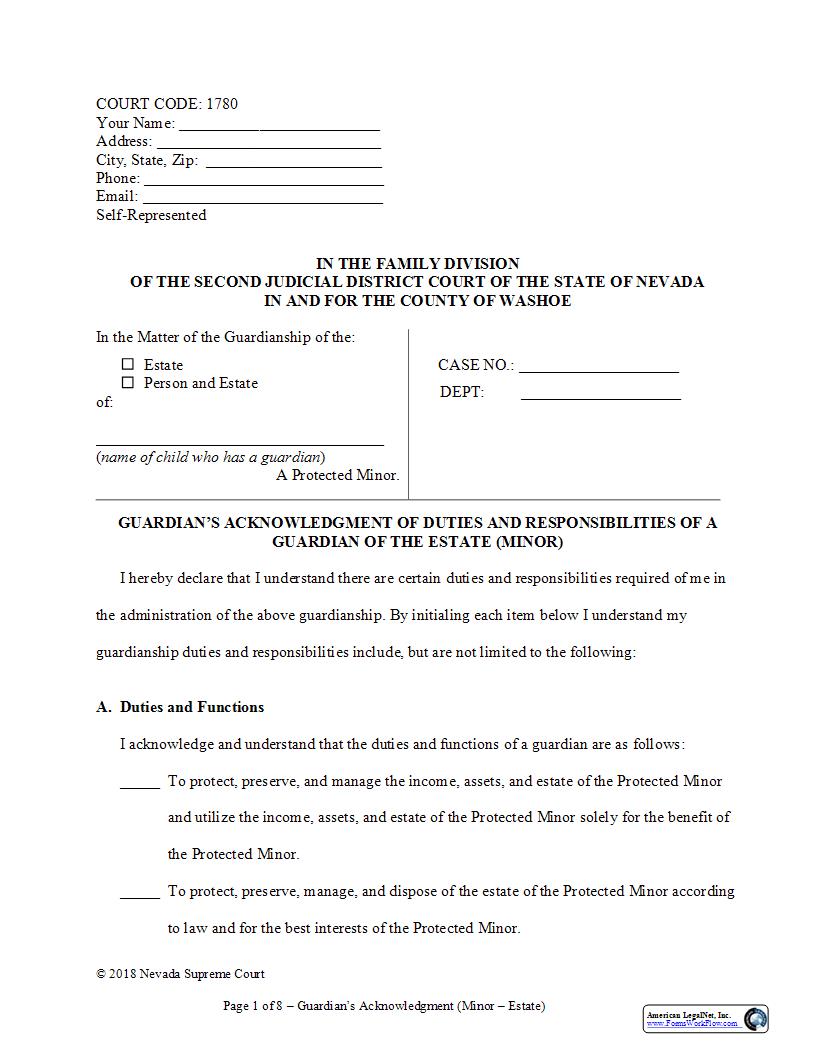 Guardians Acknowledgment (Minor Ward) {1780} | Pdf Fpdf Docx | Nevada