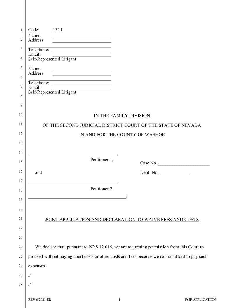 Joint Application To Waive Fees And Costs | Pdf Fpdf Doc Docx | Nevada