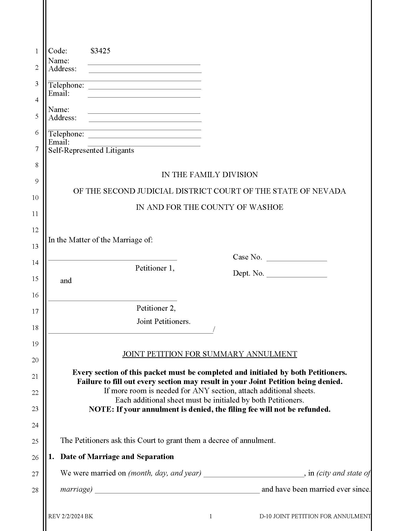 Joint Petition For Annulment {3425} | Pdf Fpdf Docx | Nevada