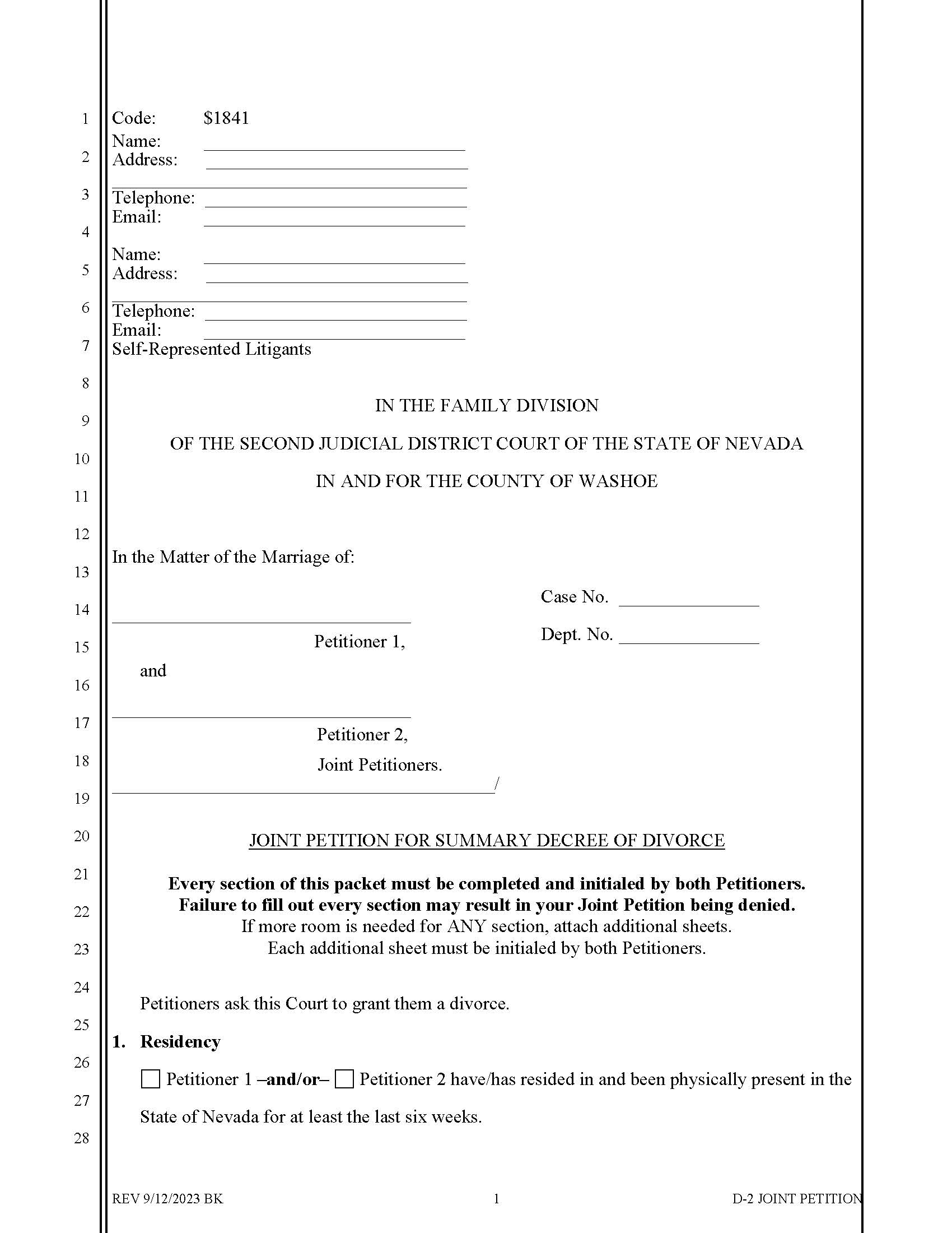 Joint Petition For Summary Decree Of Divorce (No Children) {D-2} | Pdf Fpdf Docx | Nevada