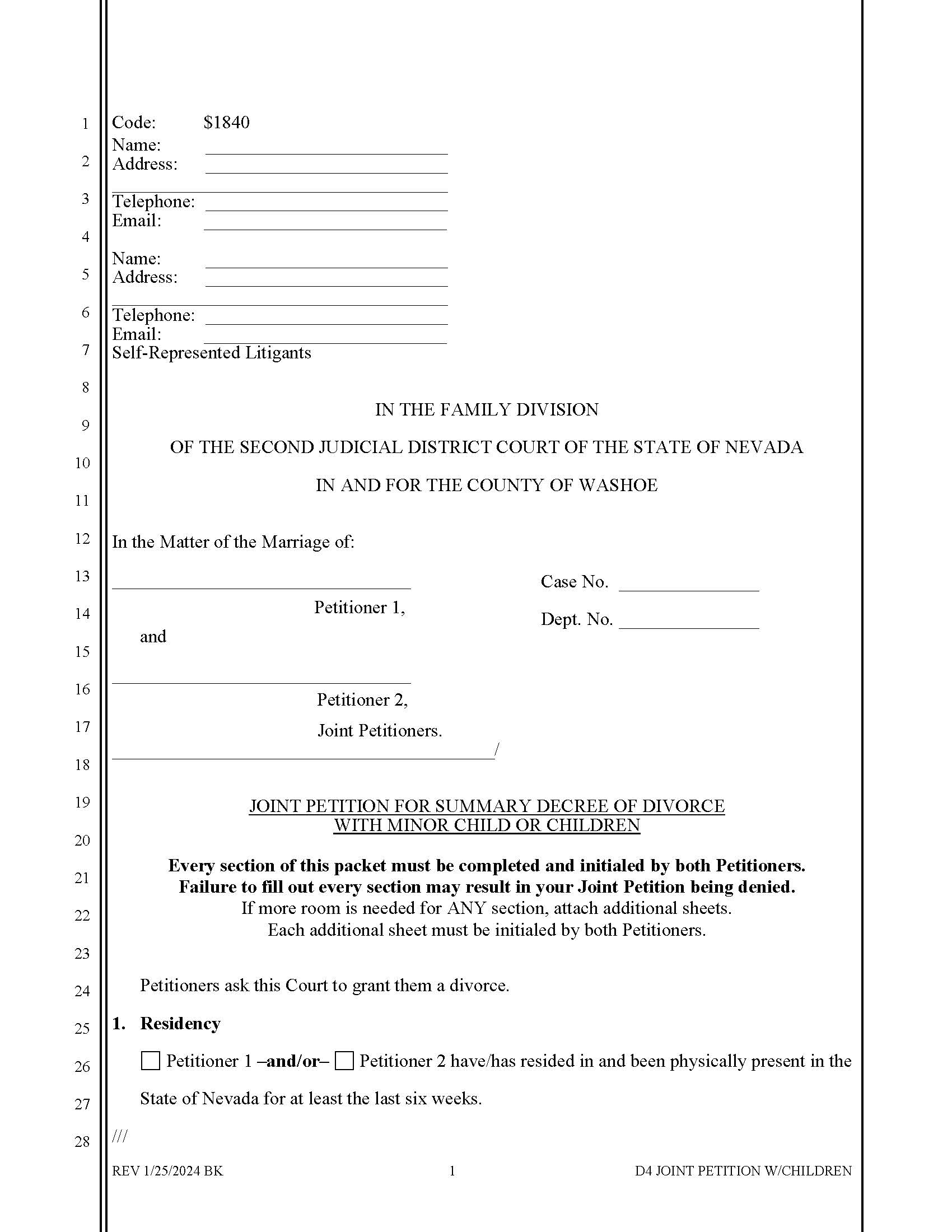 Joint Petition For Summary Decree Of Divorce With Minor Child Or Children {D-4} | Pdf Fpdf Docx | Nevada